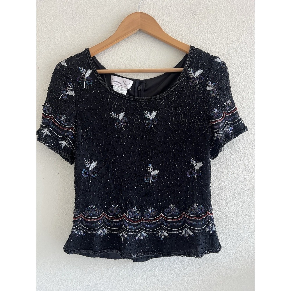 Vintage Laurence Kazar Silk Sequin Top Womens Small Labeled L Black Beaded Party
